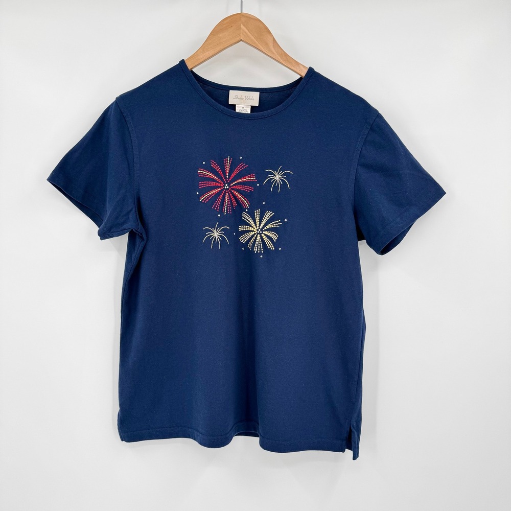 Studio Works‎ Y2K Navy Blue Embroidered Firework Short Sleeve Shirt Women's Sz M